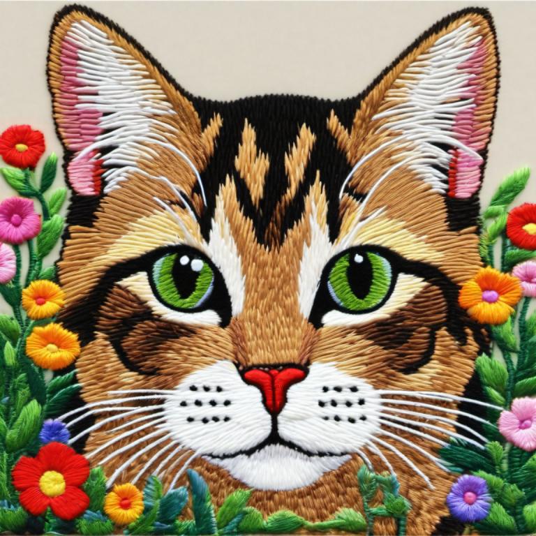 Arte del bordado,Arte del bordado, Animal, gato, no humanos, flor, gato, enfoque animal, flor naranja