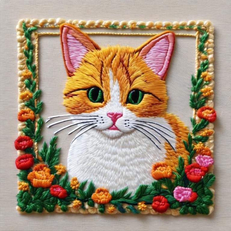 Embroidery Art,Embroidery Art, Animal, cat, no humans, cat, flower, animal focus, looking at viewer