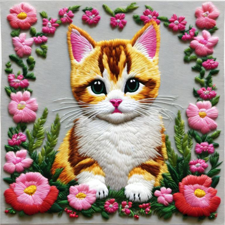 Embroidery Art,Embroidery Art, Animal, cat, no humans, flower, animal focus, cat, looking at viewer