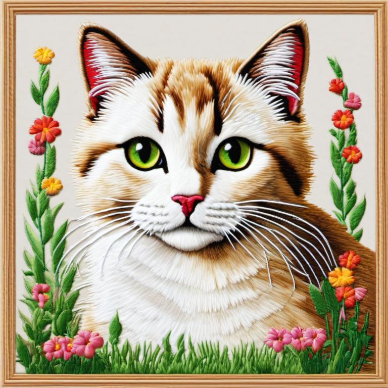 Arte del bordado,Arte del bordado, Animal, gato, no humanos, flor, ojos verdes, gato, enfoque animal