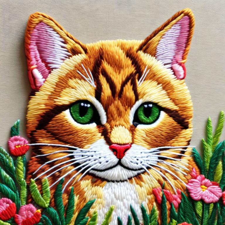 Arte del bordado,Arte del bordado, Animal, gato, no humanos, flor, ojos verdes, gato, enfoque animal