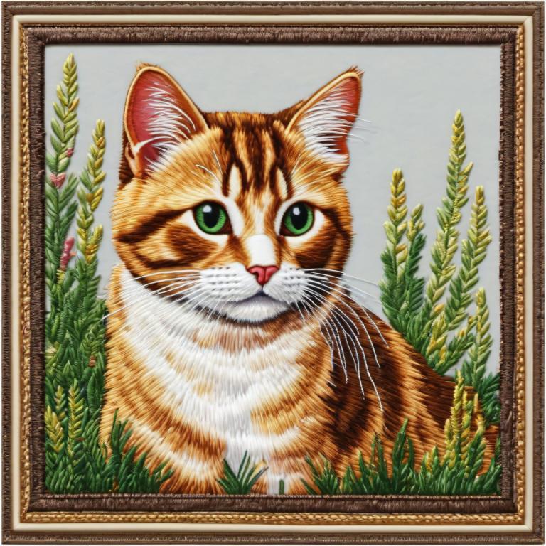 Embroidery Art,Embroidery Art, Animal, cat, no humans, cat, green eyes, animal focus, traditional media