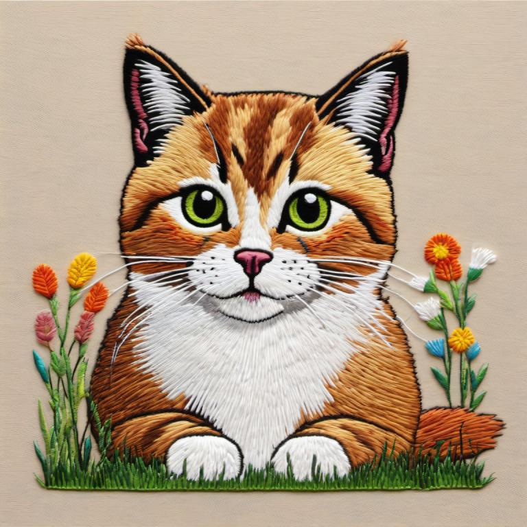 Broderi Art,Broderi Art, Djur, katt, inga människor, blomma, djurfokus, katt, gröna ögon