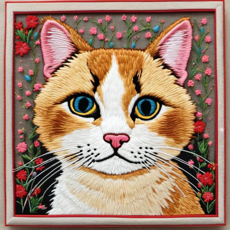 Broderi Art,Broderi Art, Djur, katt, inga människor, djurfokus, blomma, katt, tittar på betraktaren