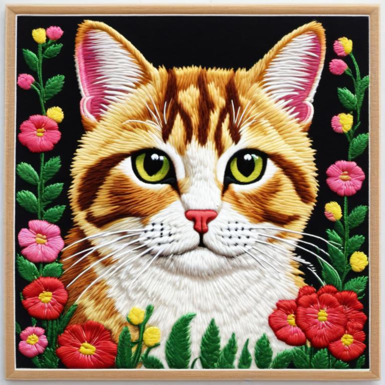 Broderi Art,Broderi Art, Djur, katt, inga människor, blomma, djurfokus, katt, tittar på betraktaren, djur