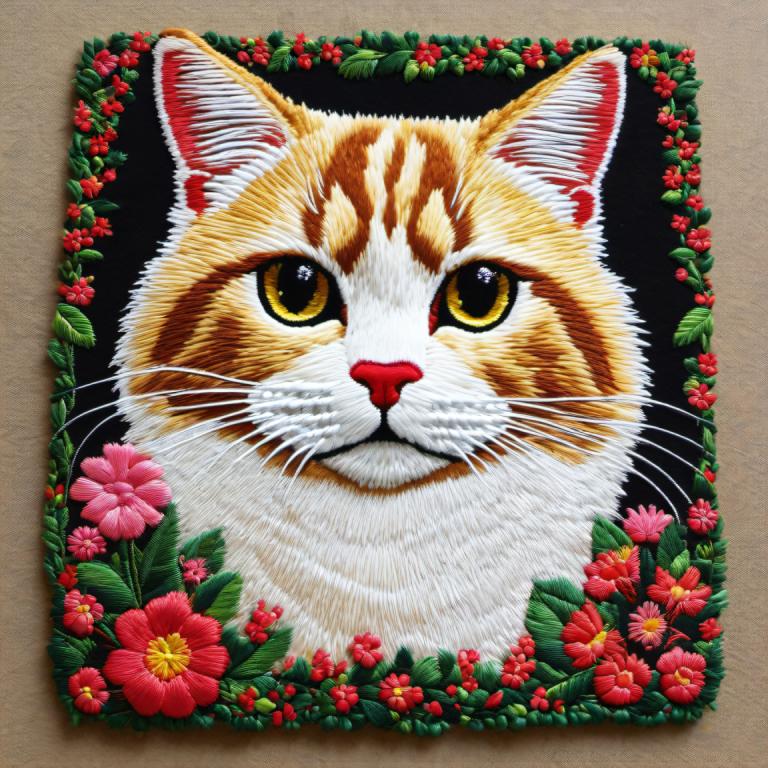 Ricamo Arte,Ricamo Arte, Animale, gatto, nessun essere umano, fiore, attenzione agli animali, gatto