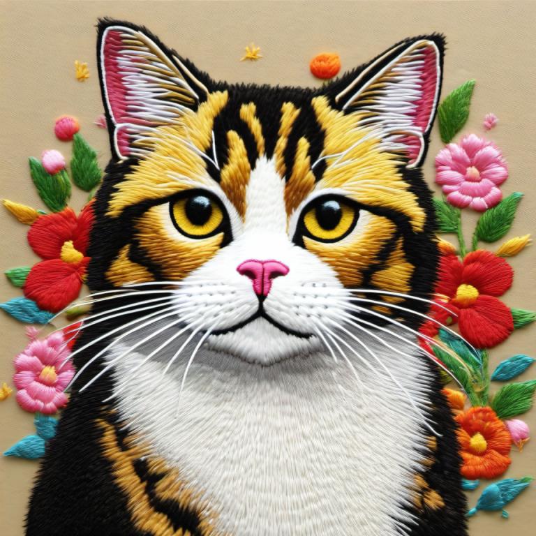 刺繍アート,刺繍アート, 動物, 猫, 人間がいない, 動物の焦点, 花, 猫, 視聴者を見ている, 動物, 黄色い目, 葉, ひげ, 赤い花, 茶色の背景, シンプルな背景