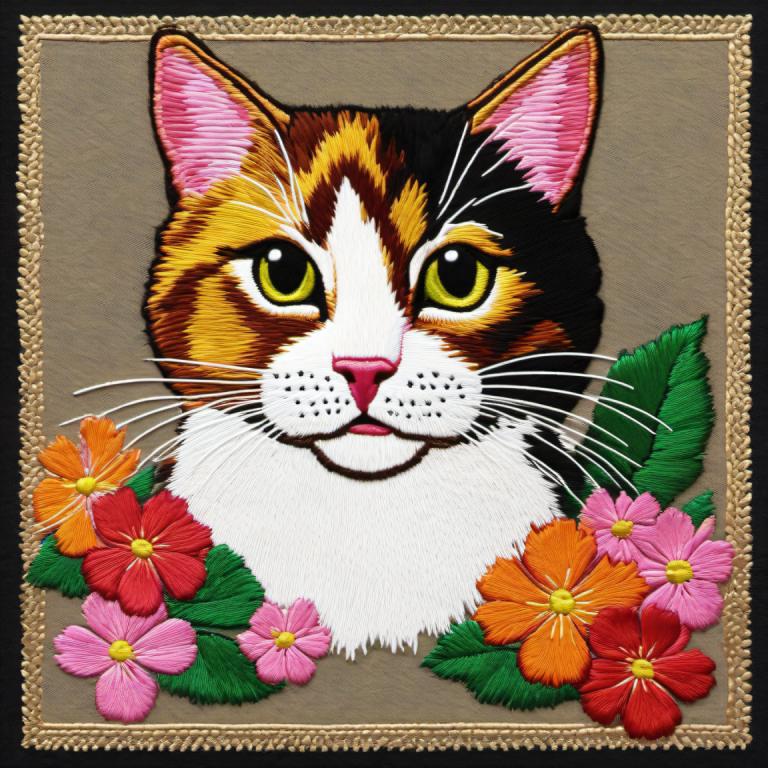 刺繍アート,刺繍アート, 動物, 猫, 人間がいない, 花, 猫, 動物の焦点, オレンジ色の花, 視聴者を見ている, 従来のメディア, 動物, 赤い花, 黄色い目, ひげ, 国境, 額装された, ピンクの花