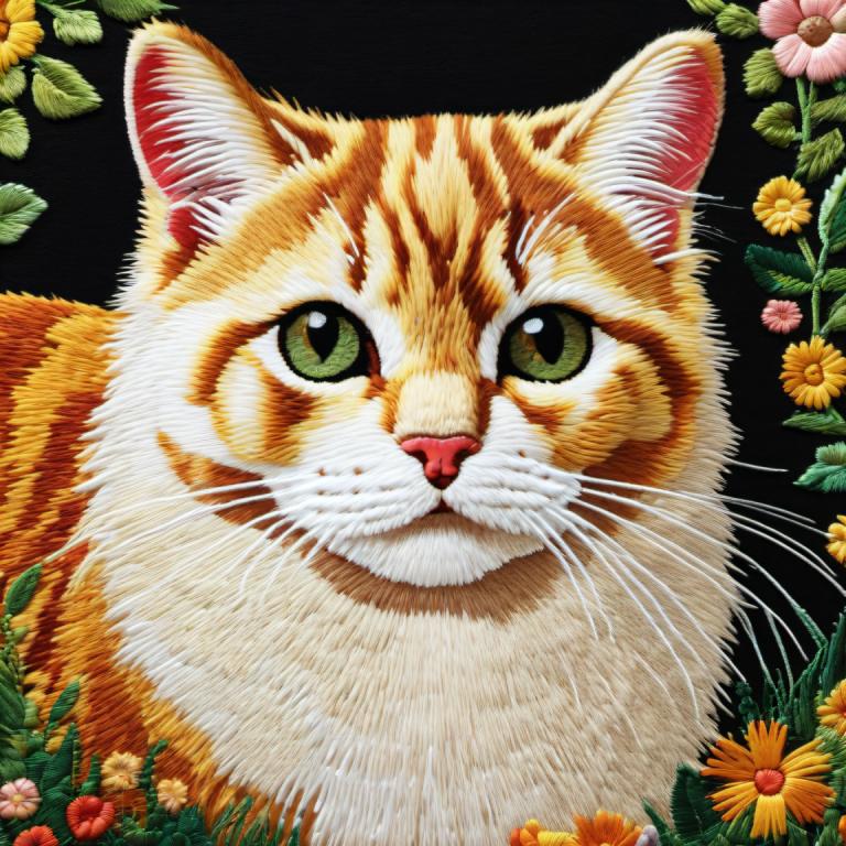 Ricamo Arte,Ricamo Arte, Animale, gatto, nessun essere umano, attenzione agli animali, fiore, gatto