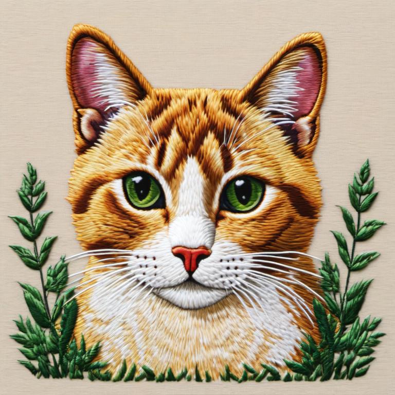 Broderi Art,Broderi Art, Djur, katt, inga människor, djurfokus, gröna ögon, traditionella medier, katt, växt