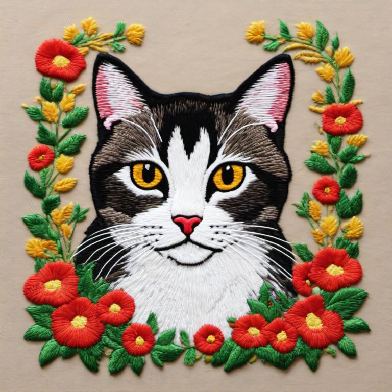 Broderi Art,Broderi Art, Djur, katt, inga människor, blomma, katt, djurfokus, röd blomma