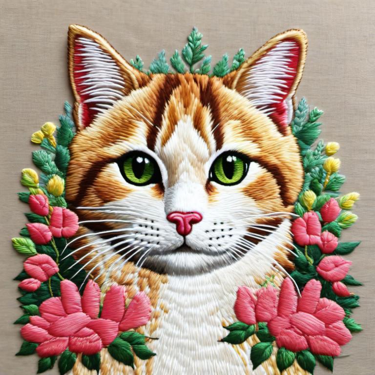 Embroidery Art,Embroidery Art, Animal, cat, no humans, flower, animal focus, green eyes, cat