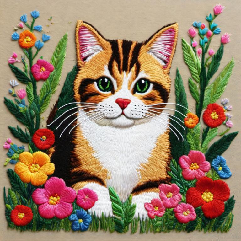 Embroidery Art,Embroidery Art, Animal, cat, no humans, flower, animal focus, green eyes, cat, orange flower