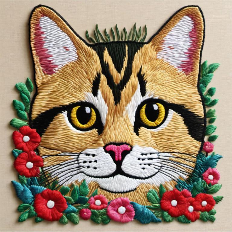 Embroidery Art,Embroidery Art, Animal, cat, no humans, animal focus, flower, cat, looking at viewer