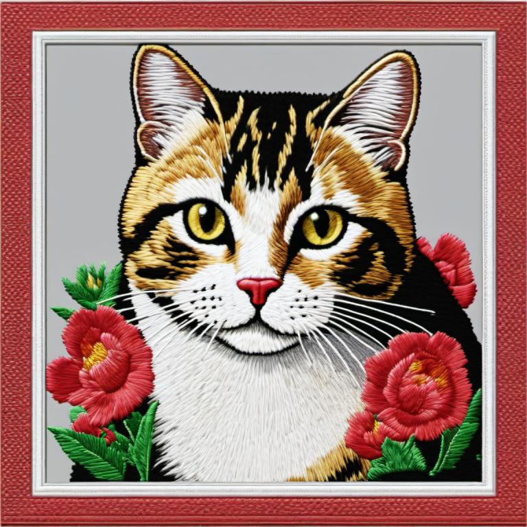 Embroidery Art,Embroidery Art, Animal, cat, no humans, flower, animal focus, looking at viewer, cat