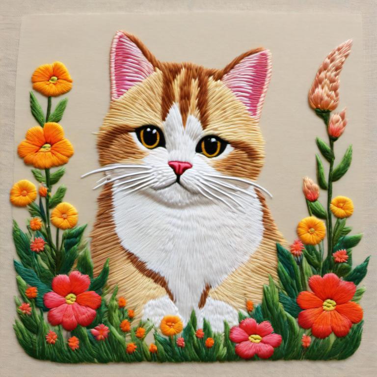 Embroidery Art,Embroidery Art, Animal, cat, no humans, flower, cat, animal focus, orange flower