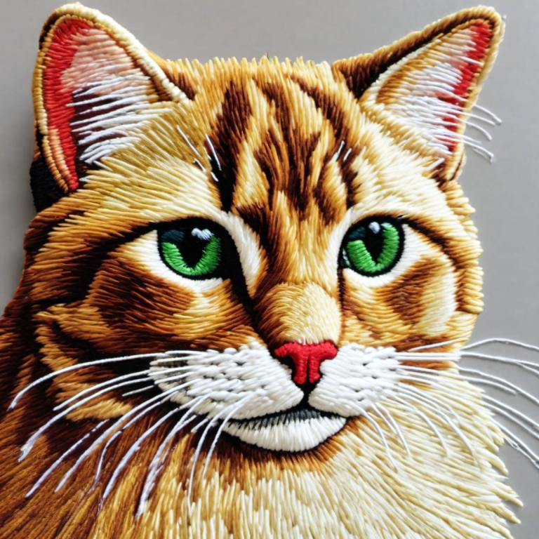 Embroidery Art,Embroidery Art, Animal, cat, no humans, cat, green eyes, animal focus, grey background