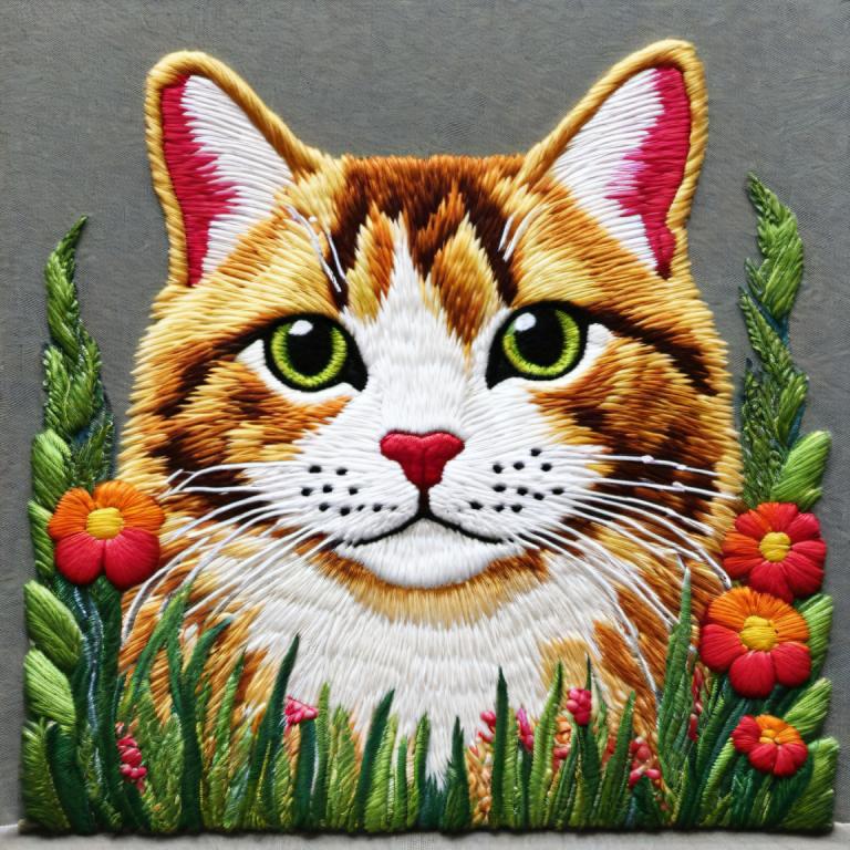 Broderi Art,Broderi Art, Djur, katt, inga människor, blomma, traditionella medier, katt, djurfokus