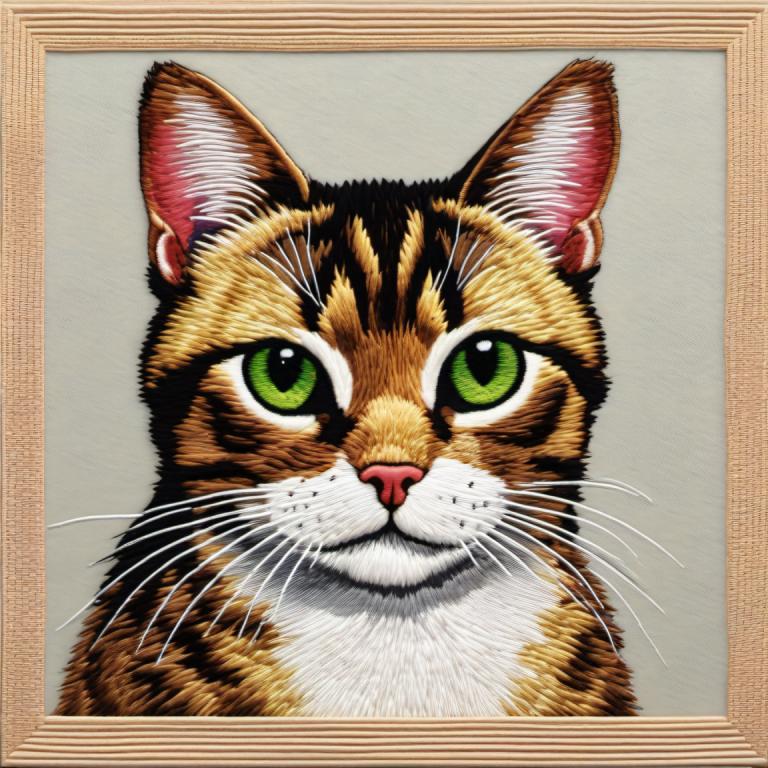 Embroidery Art,Embroidery Art, Animal, cat, no humans, green eyes, animal focus, cat, looking at viewer