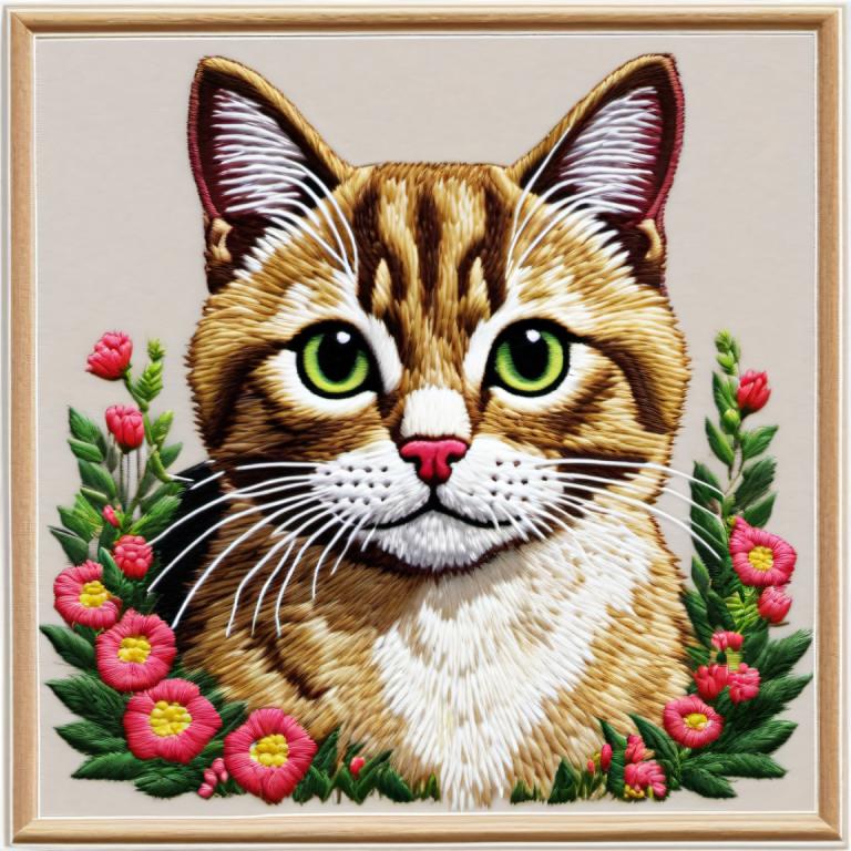 Embroidery Art,Embroidery Art, Animal, cat, no humans, flower, animal focus, cat, green eyes