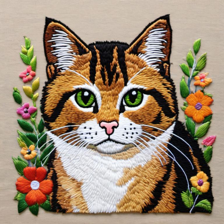 Embroidery Art,Embroidery Art, Animal, cat, no humans, animal focus, flower, cat, green eyes, orange flower