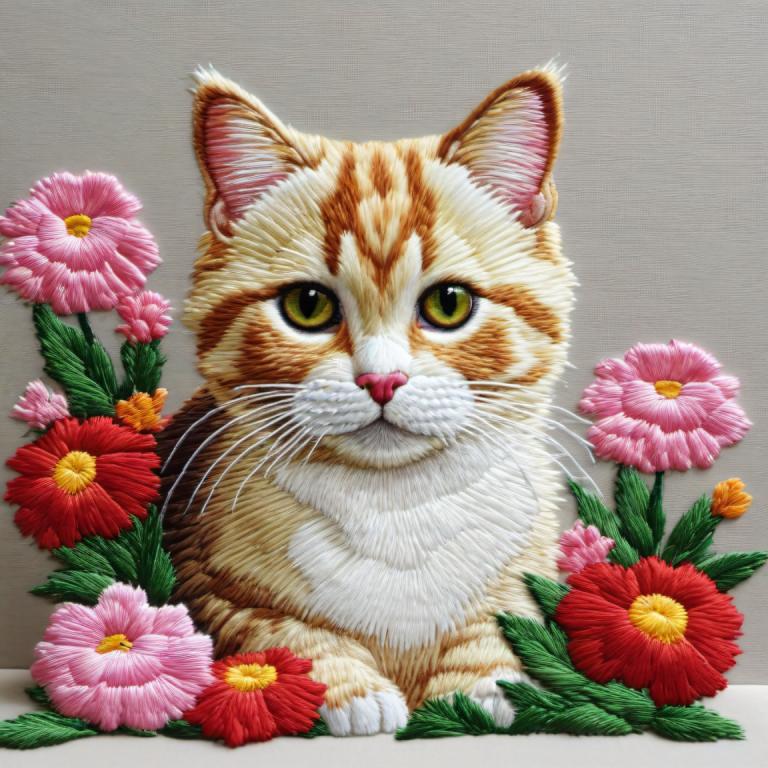 Embroidery Art,Embroidery Art, Animal, cat, no humans, flower, animal focus, cat, grey background