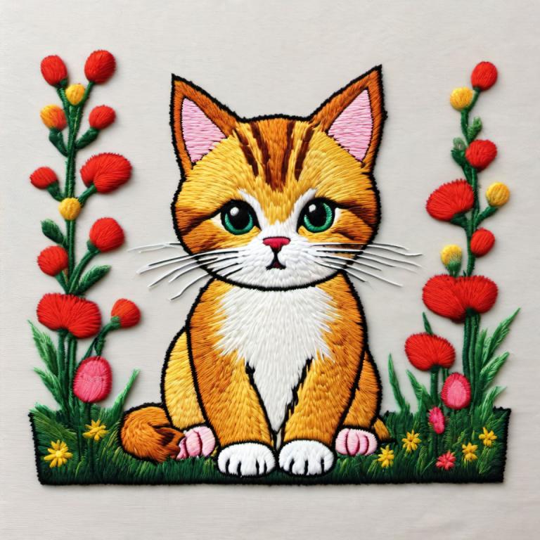 Embroidery Art,Embroidery Art, Animal, cat, no humans, flower, cat, animal focus, yellow flower, green eyes