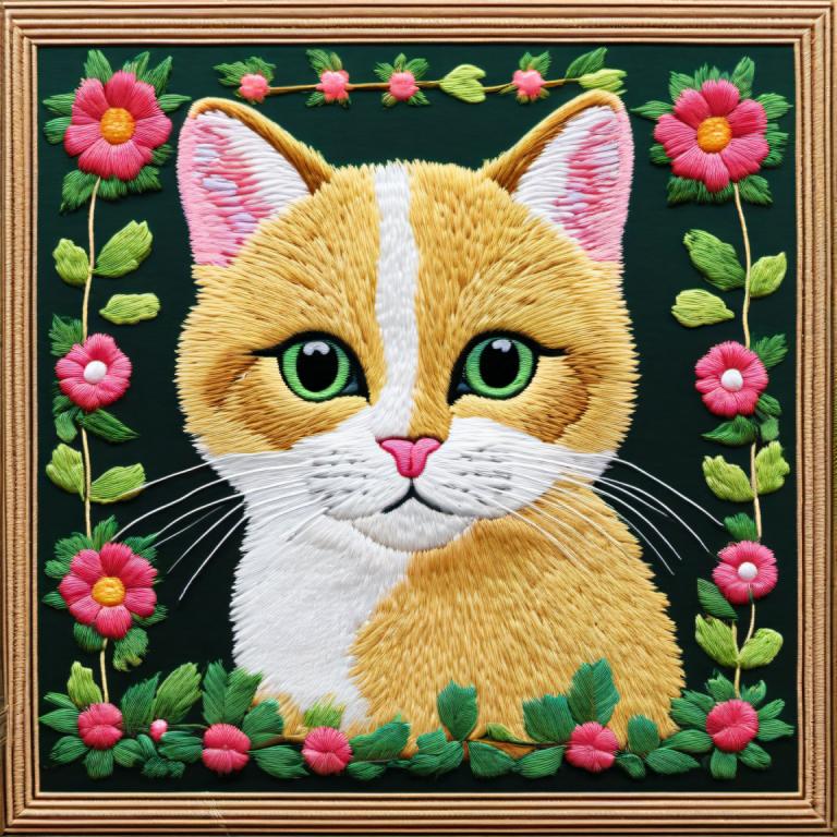 Embroidery Art,Embroidery Art, Animal, cat, no humans, flower, cat, animal focus, green eyes