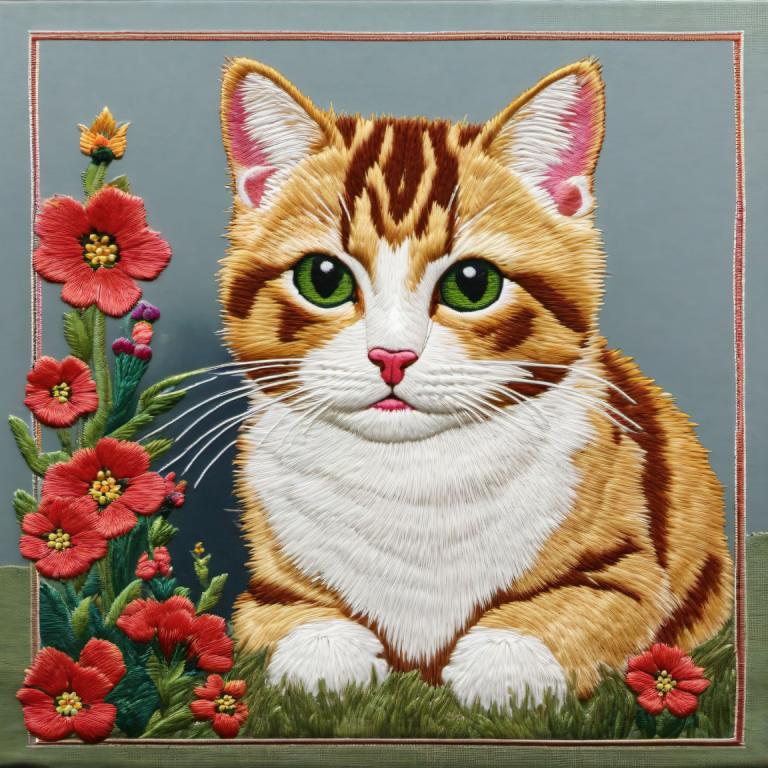 Embroidery Art,Embroidery Art, Animal, cat, no humans, flower, green eyes, cat, animal focus, red flower