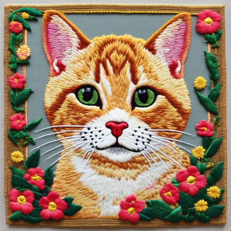 Embroidery Art,Embroidery Art, Animal, cat, no humans, flower, cat, animal focus, green eyes, whiskers