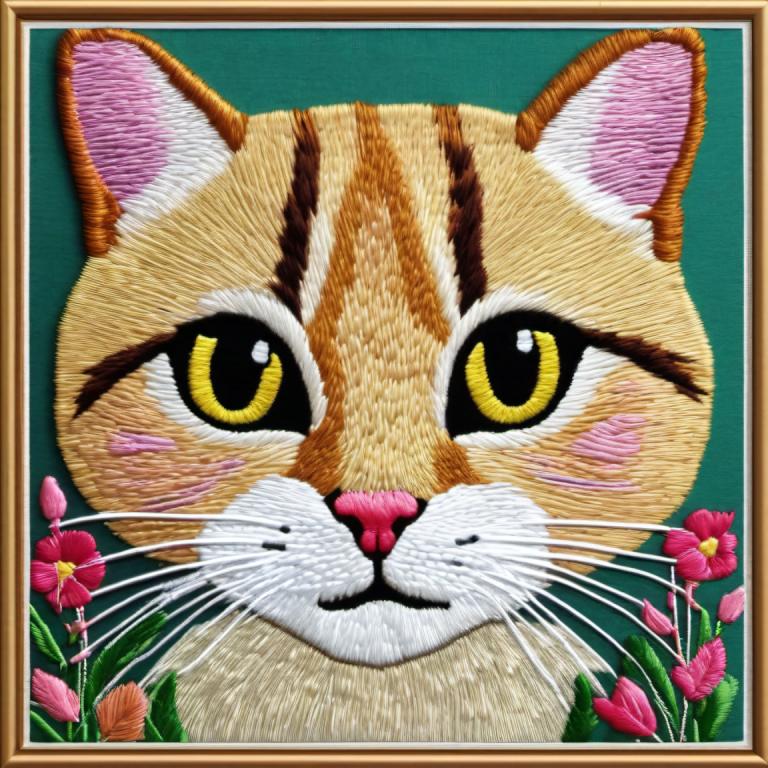 Embroidery Art,Embroidery Art, Animal, cat, no humans, flower, animal focus, cat, looking at viewer