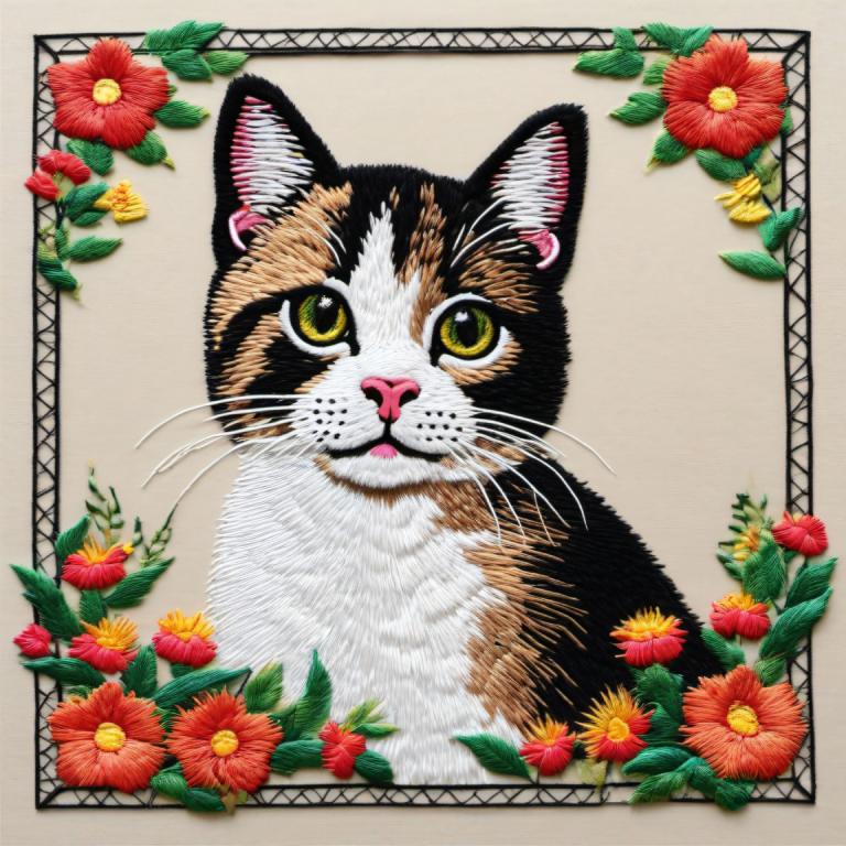 Embroidery Art,Embroidery Art, Animal, cat, no humans, flower, animal focus, cat, looking at viewer