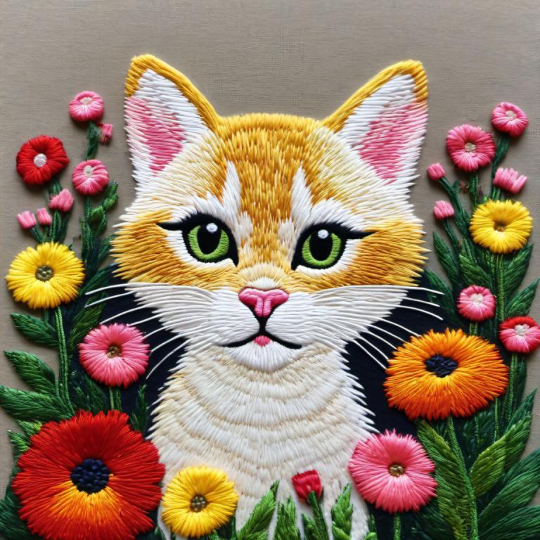 Embroidery Art,Embroidery Art, Animal, cat, no humans, flower, animal focus, cat, green eyes, grey background