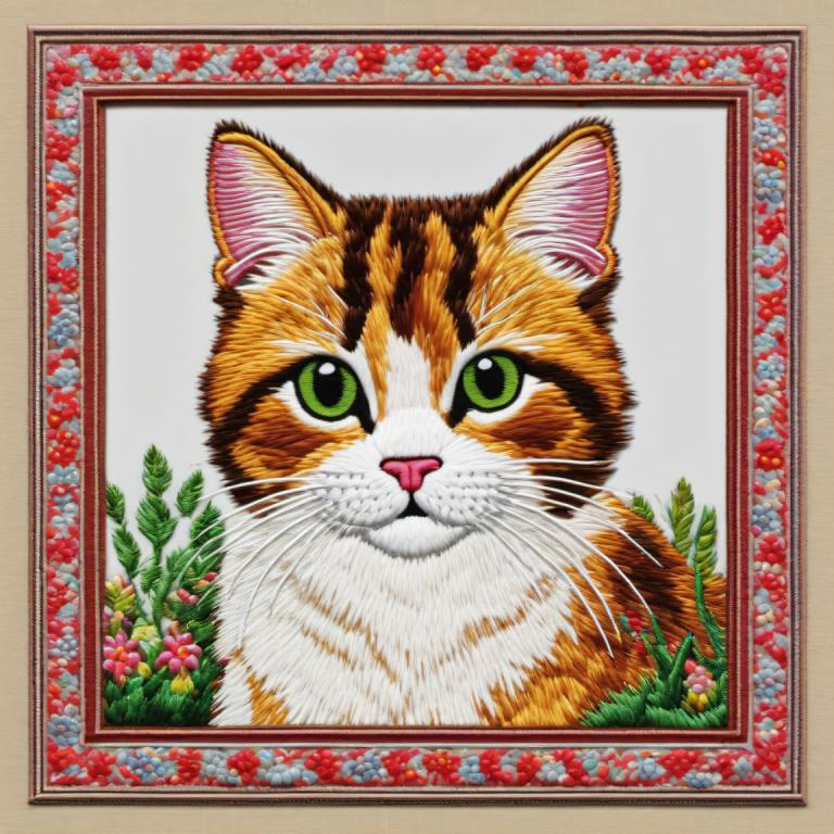 Broderi Art,Broderi Art, Djur, katt, inga människor, djurfokus, katt, gröna ögon, blomma