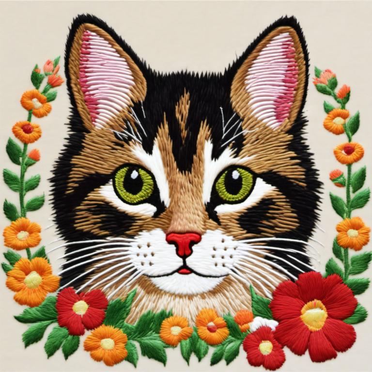 Embroidery Art,Embroidery Art, Animal, cat, no humans, flower, orange flower, animal focus, cat, red flower