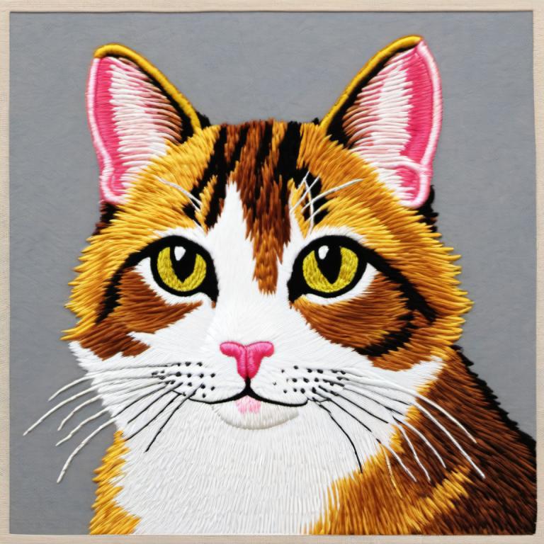 Embroidery Art,Embroidery Art, Animal, cat, no humans, animal focus, cat, grey background, looking at viewer