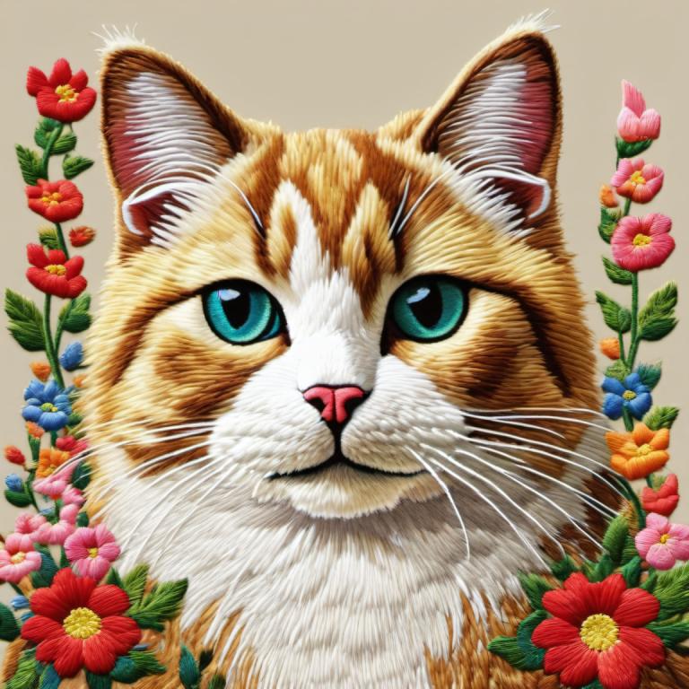 Embroidery Art,Embroidery Art, Animal, cat, no humans, flower, animal focus, cat, looking at viewer