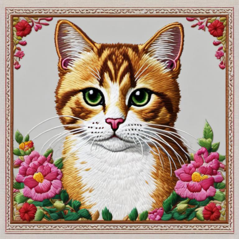 Embroidery Art,Embroidery Art, Animal, cat, no humans, flower, green eyes, animal focus, framed, cat