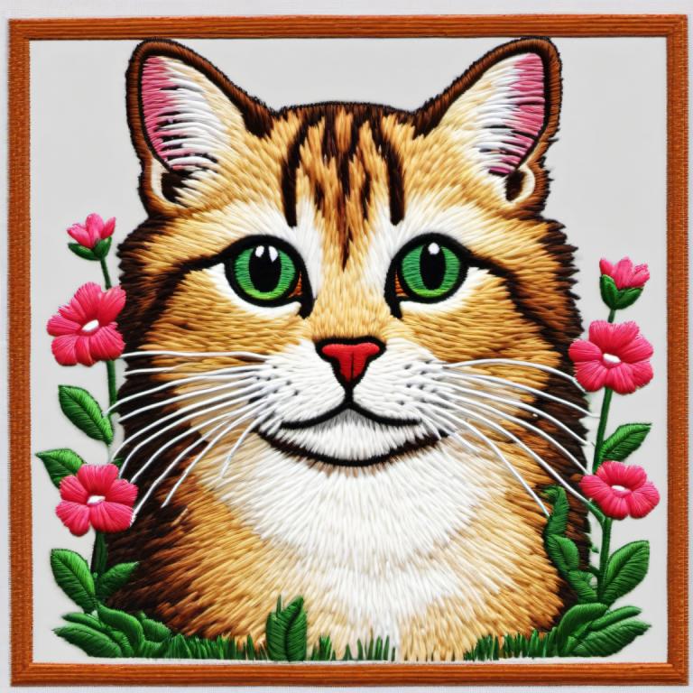 Embroidery Art,Embroidery Art, Animal, cat, no humans, flower, green eyes, animal focus, cat