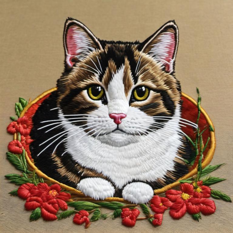 Embroidery Art,Embroidery Art, Animal, cat, no humans, flower, animal focus, cat, looking at viewer, animal