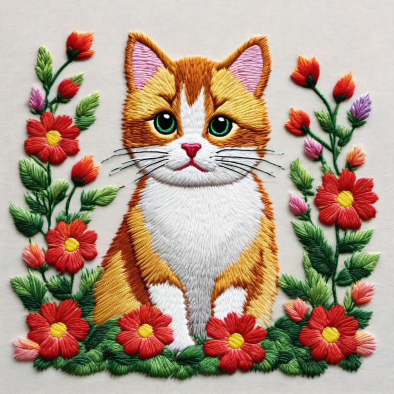 Stickerei-Kunst,Stickerei-Kunst, Tiere, Katze, keine Menschen, Blume, Katze, tierischer Fokus