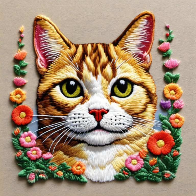 Stickerei-Kunst,Stickerei-Kunst, Tiere, Katze, keine Menschen, Blume, Katze, tierischer Fokus