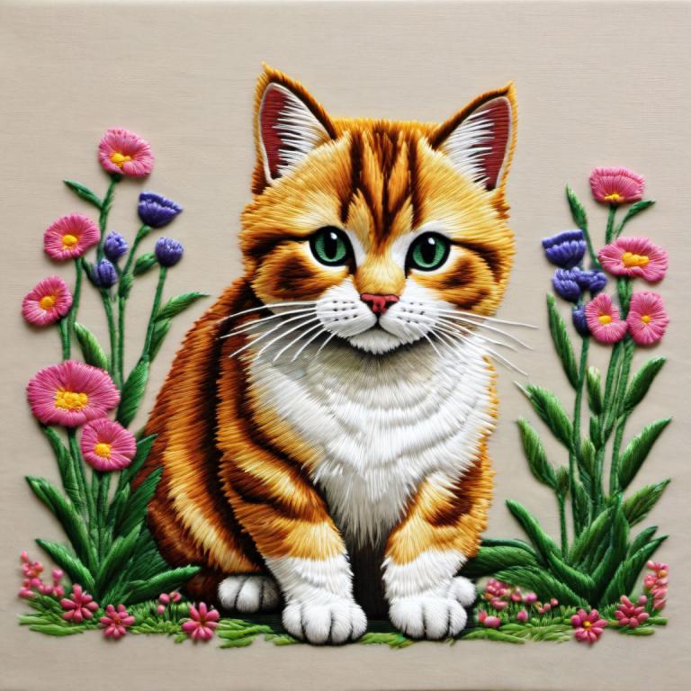 Embroidery Art,Embroidery Art, Animal, cat, no humans, flower, animal focus, cat, green eyes