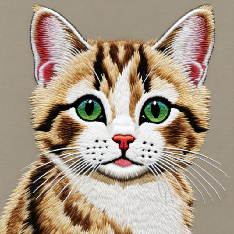 Embroidery Art,Embroidery Art, Animal, cat, no humans, animal focus, cat, green eyes, simple background