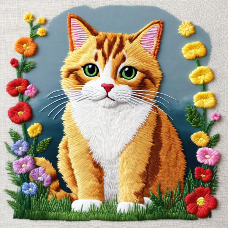 Broderi Art,Broderi Art, Djur, katt, inga människor, blomma, katt, gröna ögon, djurfokus, orange blomma, gräs