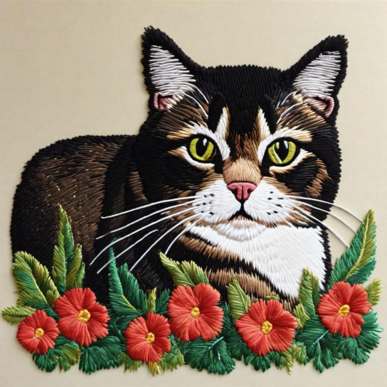 Broderi Art,Broderi Art, Djur, katt, inga människor, katt, blomma, djurfokus, röd blomma