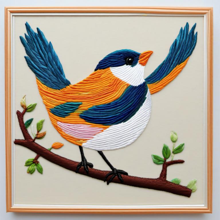 Embroidery Art,Embroidery Art, Animal, bird, no humans, animal focus, bird, branch, leaf, animal