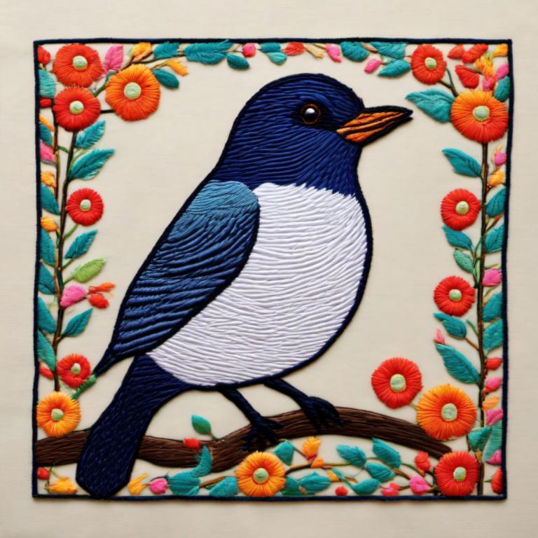 Embroidery Art,Embroidery Art, Animal, bird, no humans, bird, animal focus, flower, traditional media, border