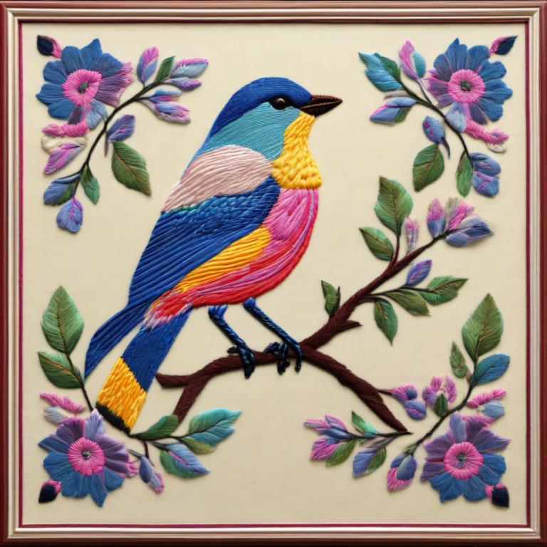 Embroidery Art,Embroidery Art, Animal, bird, no humans, bird, animal focus, flower, traditional media, branch