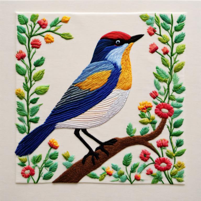 Embroidery Art,Embroidery Art, Animal, bird, no humans, bird, animal focus, flower, traditional media